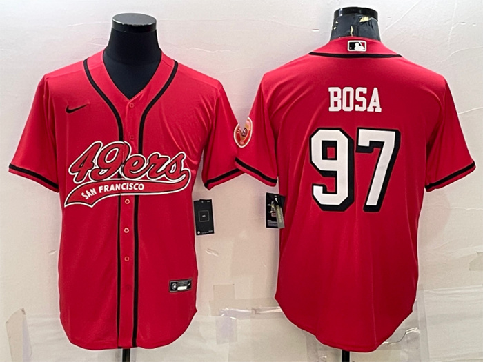 Men's San Francisco 49ers #97 Nick Bosa New Red With Patch Cool Base Stitched Baseball Jersey Men's San Francisco 49ers #97 Nick Bosa New Red With Patch Cool Base Stitched Baseball Jersey