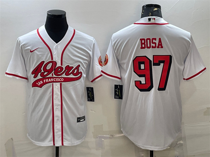 Men's San Francisco 49ers #97 Nick Bosa New White With Patch Cool Base Stitched Baseball Jersey Men's San Francisco 49ers #97 Nick Bosa New White With Patch Cool Base Stitched Baseball Jersey
