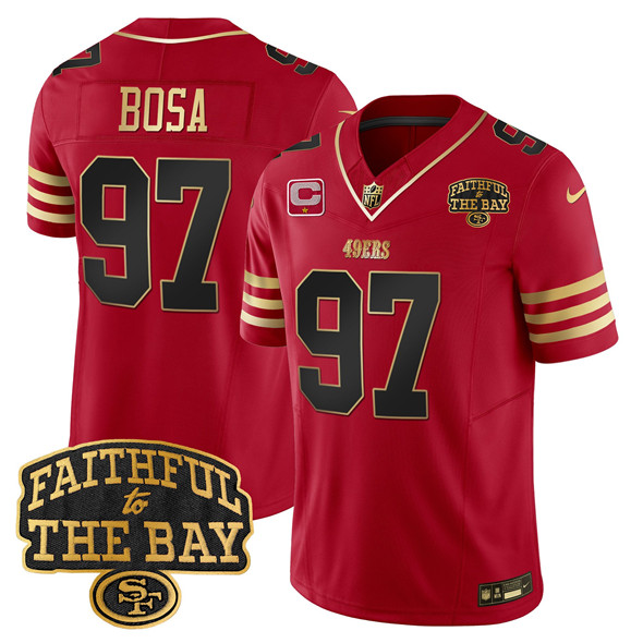 Men's San Francisco 49ers #97 Nick Bosa Red 2025 F.U.S.E. 1-Star C With Faithful To The Bay Patch Limited V8 Stitched Football Jersey Men's San Francisco 49ers #97 Nick Bosa Red 2025 F.U.S.E. 1-Star C With Faithful To The Bay Patch Limited V8 Stitched Football Jersey