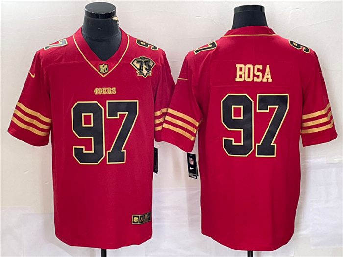 Men's San Francisco 49ers #97 Nick Bosa Red Gold With 75th Anniversary Patch Stitched Jersey Men's San Francisco 49ers #97 Nick Bosa Red Gold With 75th Anniversary Patch Stitched Jersey