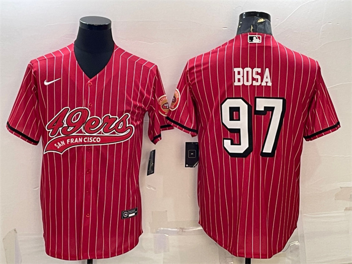 Men's San Francisco 49ers #97 Nick Bosa Red With Patch Cool Base Stitched Baseball Jersey Men's San Francisco 49ers #97 Nick Bosa Red With Patch Cool Base Stitched Baseball Jersey