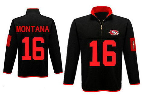 Men's San Francisco 49ers 16 Montana Antigua Gray Fortune Sweater Knit Microfleece Quarter-Zip Pullover Black Jacket Men's San Francisco 49ers 16 Montana Antigua Gray Fortune Sweater Knit Microfleece Quarter-Zip Pullover Black Jacket