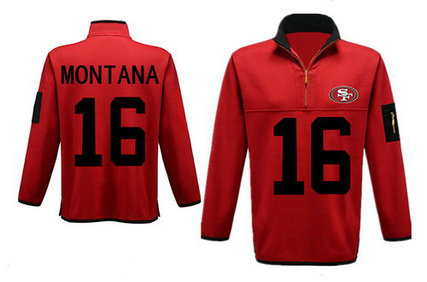Men's San Francisco 49ers 16 Montana Antigua Gray Fortune Sweater Knit Microfleece Quarter-Zip Pullover Red Jacket Men's San Francisco 49ers 16 Montana Antigua Gray Fortune Sweater Knit Microfleece Quarter-Zip Pullover Red Jacket
