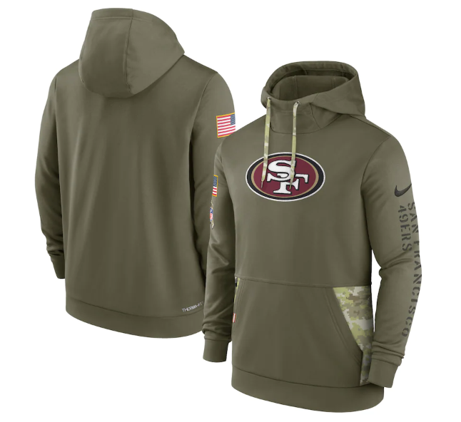Men's San Francisco 49ers 2022 Olive Salute To Service Therma Performance Pullover Hoodie