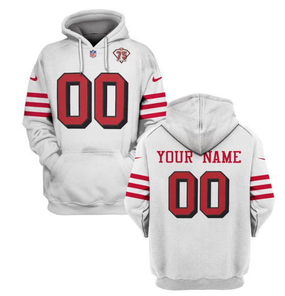 Men's San Francisco 49ers Active Custom 2021 White 75th Anniversary Pullover Hoodie Men's San Francisco 49ers Active Custom 2021 White 75th Anniversary Pullover Hoodie