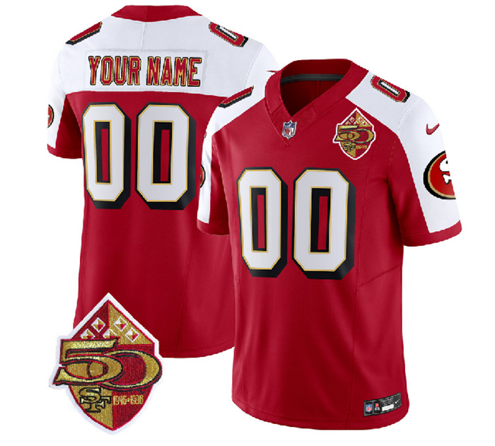 Men's San Francisco 49ers Active Player Custom Red White 2023 F.U.S.E. 50th Patch Throwback Stitched Football Jersey Men's San Francisco 49ers Active Player Custom Red White 2023 F.U.S.E. 50th Patch Throwback Stitched Football Jersey