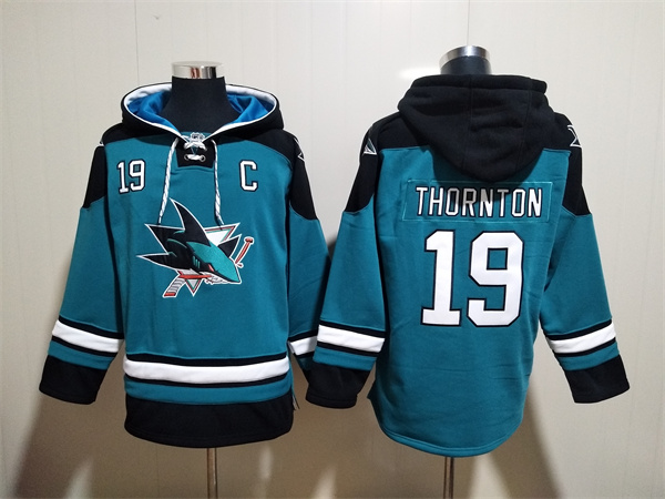 Men's San Jose Sharks #19 Joe Thornton Teal Ageless Must-Have Lace-Up Pullover Hoodie Men's San Jose Sharks #19 Joe Thornton Teal Ageless Must-Have Lace-Up Pullover Hoodie