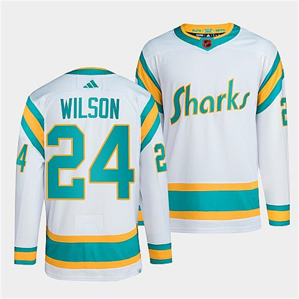 Men's San Jose Sharks #24 Doug Wilson White 2022 Reverse Retro Stitched Jersey Men's San Jose Sharks #24 Doug Wilson White 2022 Reverse Retro Stitched Jersey