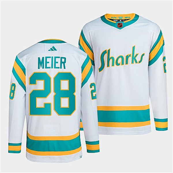 Men's San Jose Sharks #28 Timo Meier White 2022 Reverse Retro Stitched Jersey Men's San Jose Sharks #28 Timo Meier White 2022 Reverse Retro Stitched Jersey