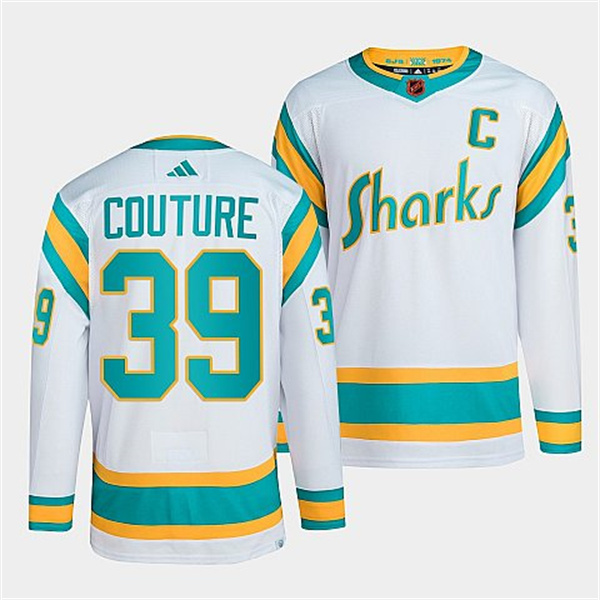 Men's San Jose Sharks #39 Logan Couture White 2022 Reverse Retro Stitched Jersey Men's San Jose Sharks #39 Logan Couture White 2022 Reverse Retro Stitched Jersey