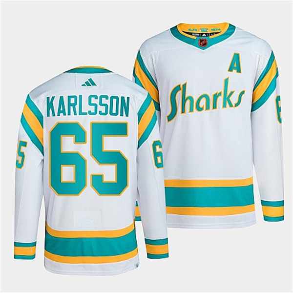 Men's San Jose Sharks #65 Erik Karlsson White 2022 Reverse Retro Stitched Jersey Men's San Jose Sharks #65 Erik Karlsson White 2022 Reverse Retro Stitched Jersey