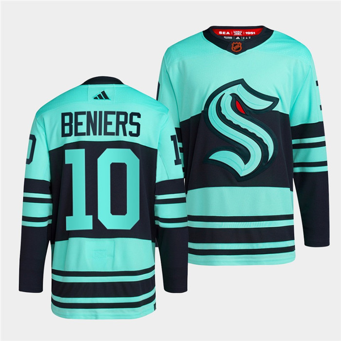 Men's Seattle Kraken #10 Matty Beniers Ice Blue 2022-23 Reverse Retro Stitched Jersey Men's Seattle Kraken #10 Matty Beniers Ice Blue 2022-23 Reverse Retro Stitched Jersey