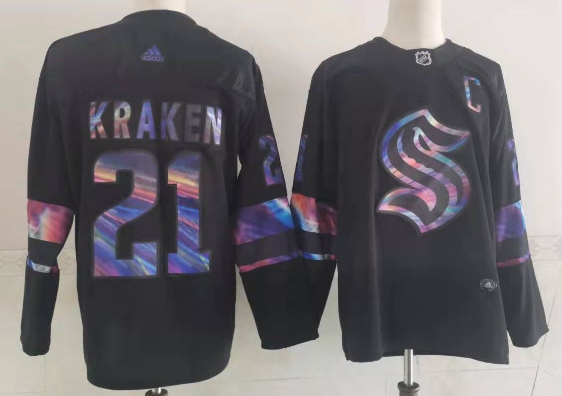Men's Seattle Kraken #21 Kraken Black Iridescent Holographic Authentic Jersey Men's Seattle Kraken #21 Kraken Black Iridescent Holographic Authentic Jersey