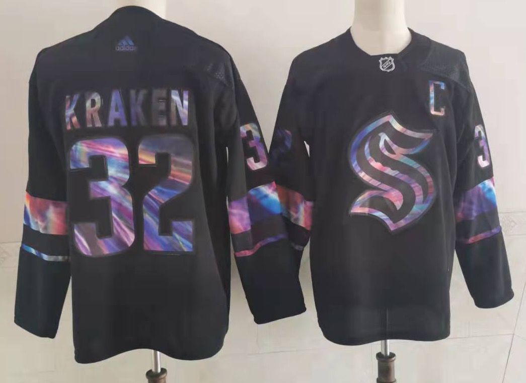 Men's Seattle Kraken #32 Kraken Black Iridescent Holographic Authentic Jersey Men's Seattle Kraken #32 Kraken Black Iridescent Holographic Authentic Jersey