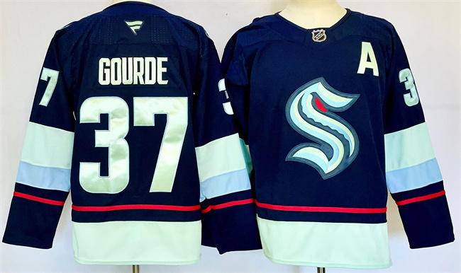 Men's Seattle Kraken #37 Yanni Gourde Navy 2024-25 Home With A Patch Stitched Hockey Jersey Men's Seattle Kraken #37 Yanni Gourde Navy 2024-25 Home With A Patch Stitched Hockey Jersey