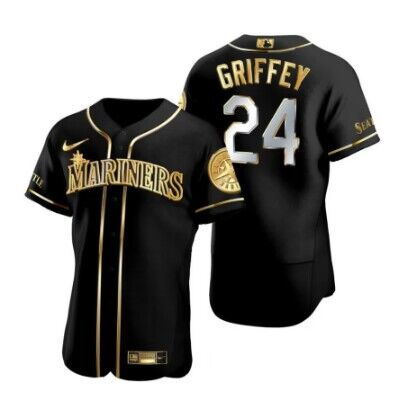Men's Seattle Mariners #24 Ken Griffey Jr. Black Golden Flex Base Stitched Baseball Jersey Men's Seattle Mariners #24 Ken Griffey Jr. Black Golden Flex Base Stitched Baseball Jersey