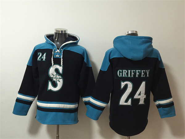 Men's Seattle Mariners #24 Ken Griffey Jr. Navy Awus Lace-Up Pullover Hoodie
