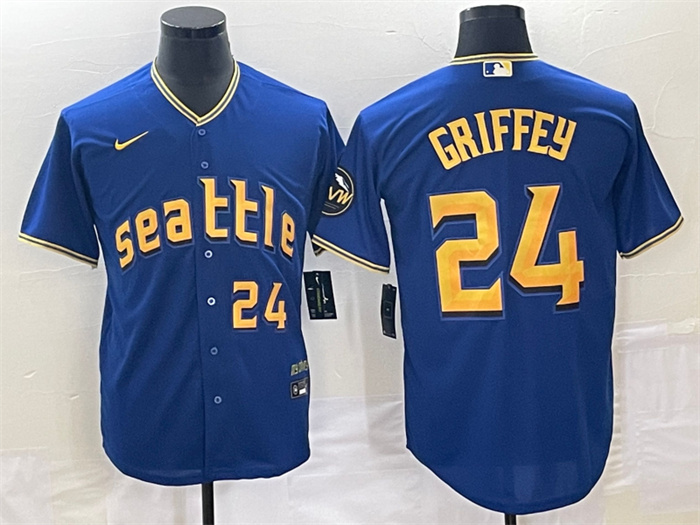 Men's Seattle Mariners #24 Ken Griffey Jr. Royal 2023 City Connect Cool Base With Patch Stitched Baseball Jersey Men's Seattle Mariners #24 Ken Griffey Jr. Royal 2023 City Connect Cool Base With Patch Stitched Baseball Jersey