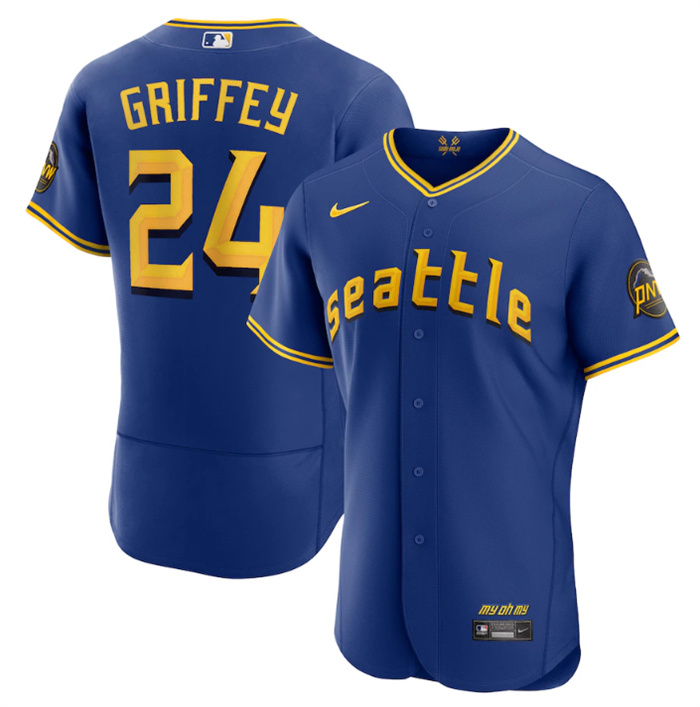 Men's Seattle Mariners #24 Ken Griffey Jr. Royal 2023 City Connect Flex Base Stitched Jersey Men's Seattle Mariners #24 Ken Griffey Jr. Royal 2023 City Connect Flex Base Stitched Jersey