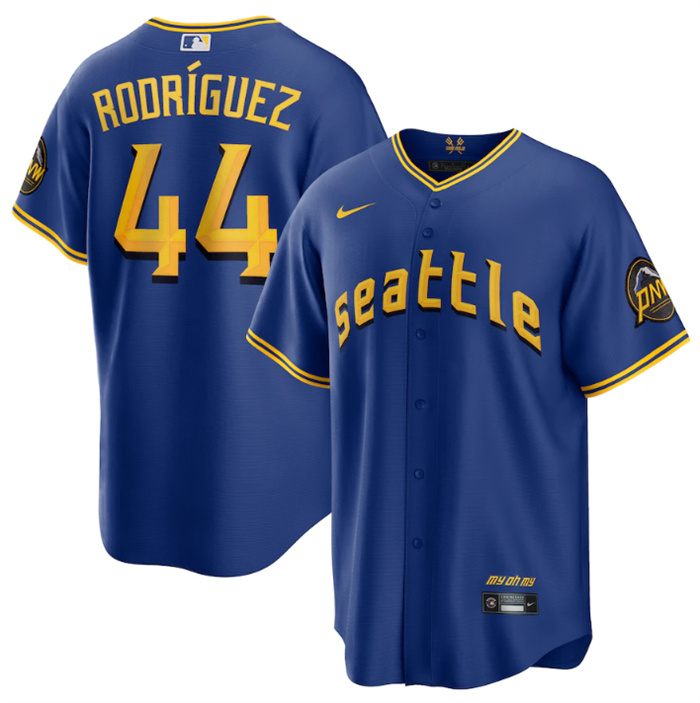 Men's Seattle Mariners #44 Julio Rodriguez Royal 2023 City Connect Cool Base Stitched Baseball Jersey Men's Seattle Mariners #44 Julio Rodriguez Royal 2023 City Connect Cool Base Stitched Baseball Jersey