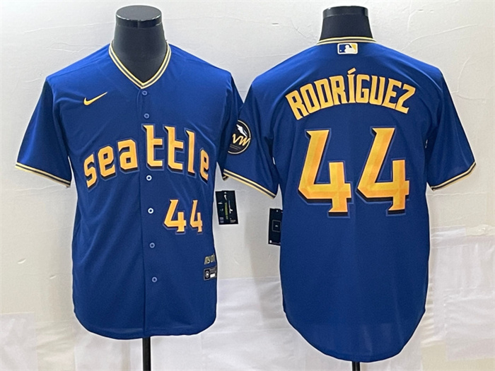 Men's Seattle Mariners #44 Julio Rodriguez Royal 2023 City Connect Cool Base With Patch Stitched Baseball Jersey Men's Seattle Mariners #44 Julio Rodriguez Royal 2023 City Connect Cool Base With Patch Stitched Baseball Jersey