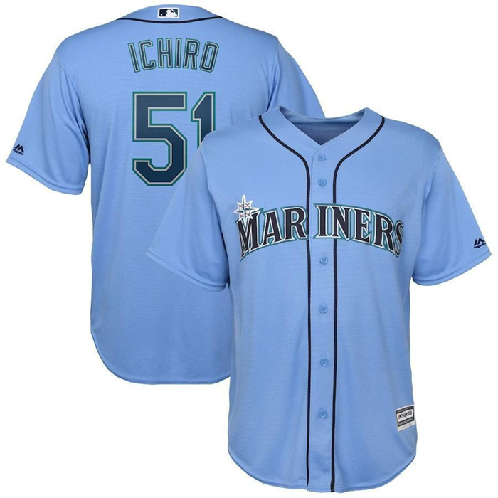 Men's Seattle Mariners #51 Ichiro Suzuki Light Blue Cool Base Stitched Baseball Jersey Men's Seattle Mariners #51 Ichiro Suzuki Light Blue Cool Base Stitched Baseball Jersey