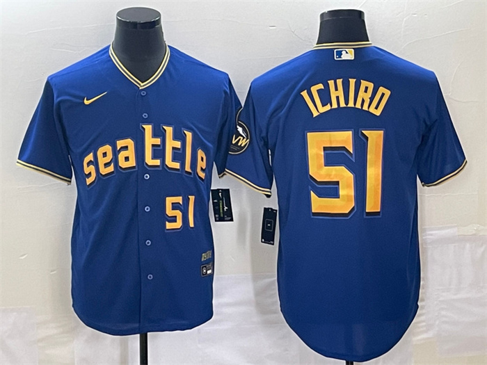 Men's Seattle Mariners #51 Ichiro Suzuki Royal 2023 City Connect Cool Base With Patch Stitched Baseball Jersey Men's Seattle Mariners #51 Ichiro Suzuki Royal 2023 City Connect Cool Base With Patch Stitched Baseball Jersey