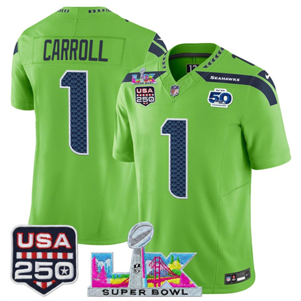 Men's Seattle Seahawks #1 Pete Carroll Green 2025 F.U.S.E. Super Bowl LX Patch And 50th Season & USA 250' Patch Vapor Limited Football Stitched Jersey