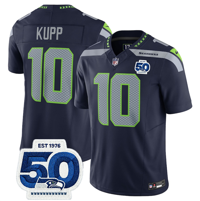 Men's Seattle Seahawks #10 Cooper Kupp Navy 2025 F.U.S.E. 50th Anniversary Patch Vapor Untouchable Limited Stitched Football Jersey Men's Seattle Seahawks #10 Cooper Kupp Navy 2025 F.U.S.E. 50th Anniversary Patch Vapor Untouchable Limited Stitched Football Jersey