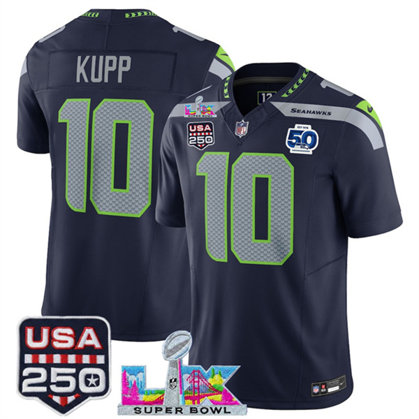Men's Seattle Seahawks #10 Cooper Kupp Navy 2025 F.U.S.E. Super Bowl LX Patch And 50th Season Patch Vapor Limited Stitched Football Jersey
