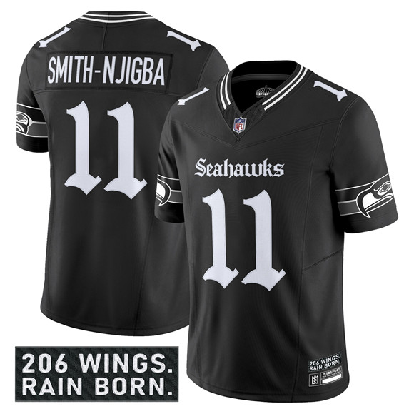 Men's Seattle Seahawks #11 Jaxon Smith-Njigba Black 2025 F.U.S.E. 'Gothic Rain City Shadows Edition' Vapor Limited Stitched Football Jersey Men's Seattle Seahawks #11 Jaxon Smith-Njigba Black 2025 F.U.S.E. 'Gothic Rain City Shadows Edition' Vapor Limited Stitched Football Jersey