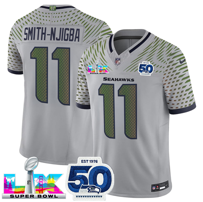 Men's Seattle Seahawks #11 Jaxon Smith-Njigba Grey 2025 F.U.S.E. Super Bowl LX Patch And 50th Season Patch “Rivalries” Vapor Limited Stitched Football Jersey