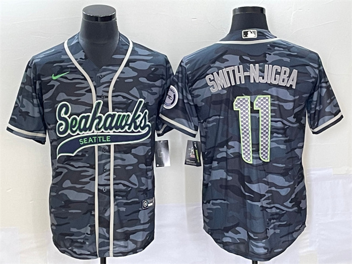 Men's Seattle Seahawks #11 Jaxon Smith-Njigba Grey With Patch Cool Base Stitched Baseball Jersey Men's Seattle Seahawks #11 Jaxon Smith-Njigba Grey With Patch Cool Base Stitched Baseball Jersey