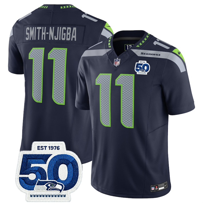 Men's Seattle Seahawks #11 Jaxon Smith-Njigba Navy 2025 F.U.S.E. 50th Anniversary Patch Vapor Untouchable Limited Stitched Football Jersey Men's Seattle Seahawks #11 Jaxon Smith-Njigba Navy 2025 F.U.S.E. 50th Anniversary Patch Vapor Untouchable Limited Stitched Football Jersey