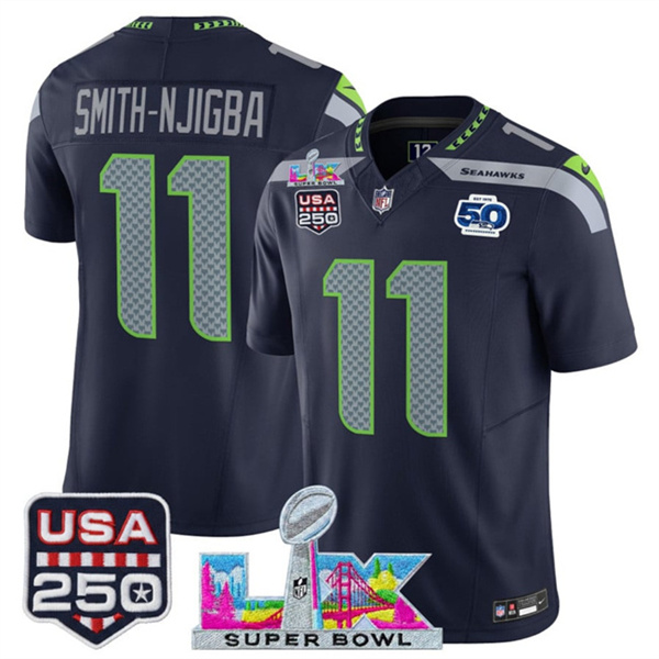 Men's Seattle Seahawks #11 Jaxon Smith-Njigba Navy 2025 F.U.S.E. Super Bowl LX Patch And 50th Season & USA 250' Patch Vapor Limited Football Stitched Jersey