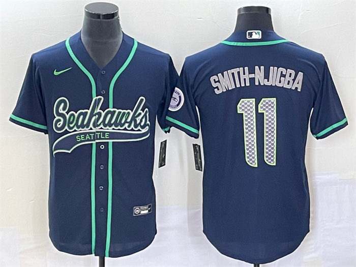 Men's Seattle Seahawks #11 Jaxon Smith-Njigba Navy With Patch Cool Base Stitched Baseball Jersey Men's Seattle Seahawks #11 Jaxon Smith-Njigba Navy With Patch Cool Base Stitched Baseball Jersey