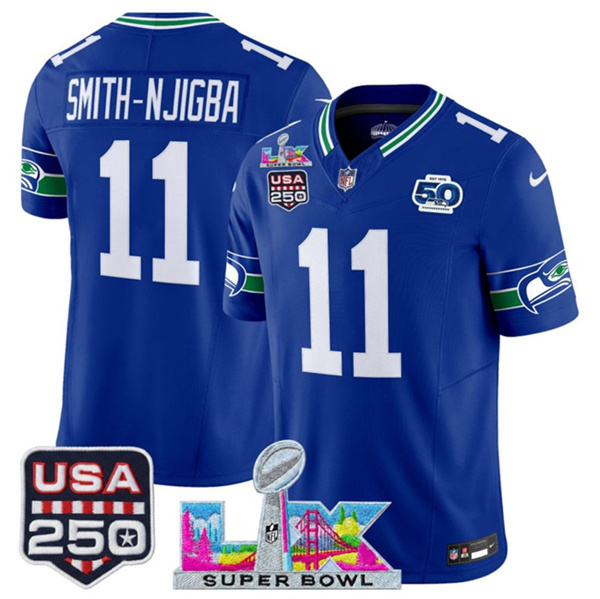 Men's Seattle Seahawks #11 Jaxon Smith-Njigba Royal 2025 F.U.S.E. Super Bowl LX Patch And 50th Season & USA 250' Patch Vapor Throwback Limited Stitched Football Jersey