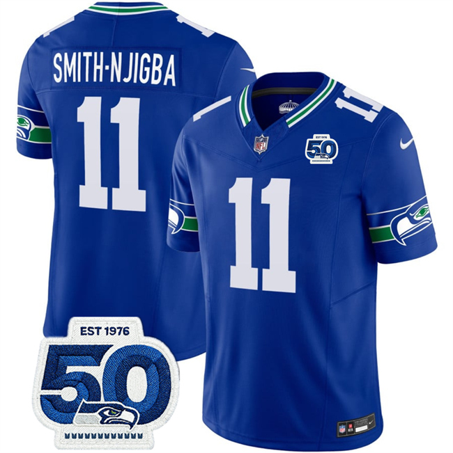 Men's Seattle Seahawks #11 Jaxon Smith-Njigba Royal 2025 F.U.S.E 50th Anniversary Patch Throwback Vapor Limited Stitched Football Jersey Men's Seattle Seahawks #11 Jaxon Smith-Njigba Royal 2025 F.U.S.E 50th Anniversary Patch Throwback Vapor Limited Stitched Football Jersey