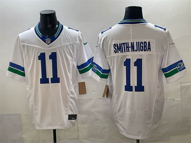 Men's Seattle Seahawks #11 Jaxon Smith-Njigba White F.U.S.E. Vapor Throwback Limited Stitched Football Jersey Men's Seattle Seahawks #11 Jaxon Smith-Njigba White F.U.S.E. Vapor Throwback Limited Stitched Football Jersey