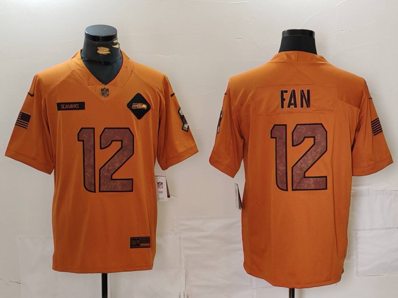 Men's Seattle Seahawks #12 Fan 2023 Brown Salute To Service Limited Stitched Football Jersey Men's Seattle Seahawks #12 Fan 2023 Brown Salute To Service Limited Stitched Football Jersey