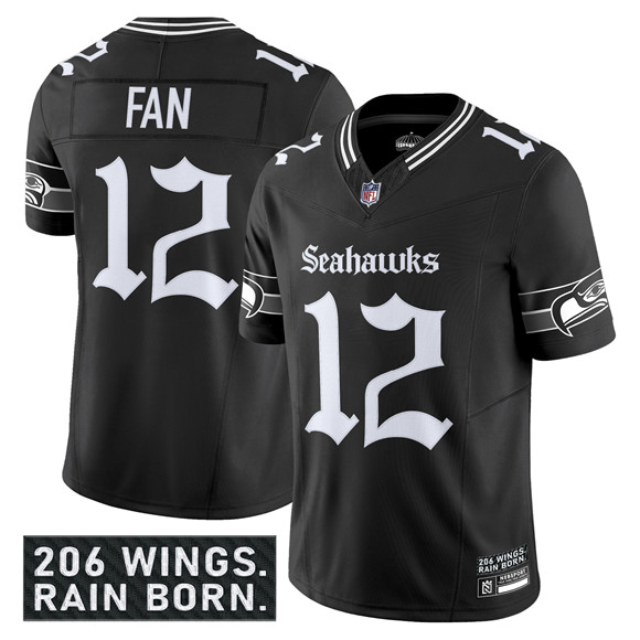 Men's Seattle Seahawks #12 Fan Black 2025 F.U.S.E. 'Gothic Rain City Shadows Edition' Vapor Limited Stitched Football Jersey Men's Seattle Seahawks #12 Fan Black 2025 F.U.S.E. 'Gothic Rain City Shadows Edition' Vapor Limited Stitched Football Jersey