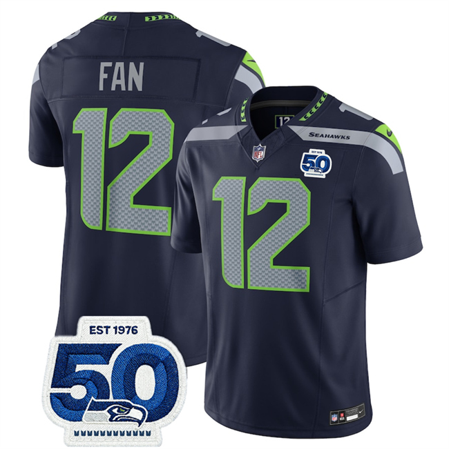 Men's Seattle Seahawks #12 Fan Navy 2025 F.U.S.E. 50th Anniversary Patch Vapor Untouchable Limited Stitched Football Jersey Men's Seattle Seahawks #12 Fan Navy 2025 F.U.S.E. 50th Anniversary Patch Vapor Untouchable Limited Stitched Football Jersey