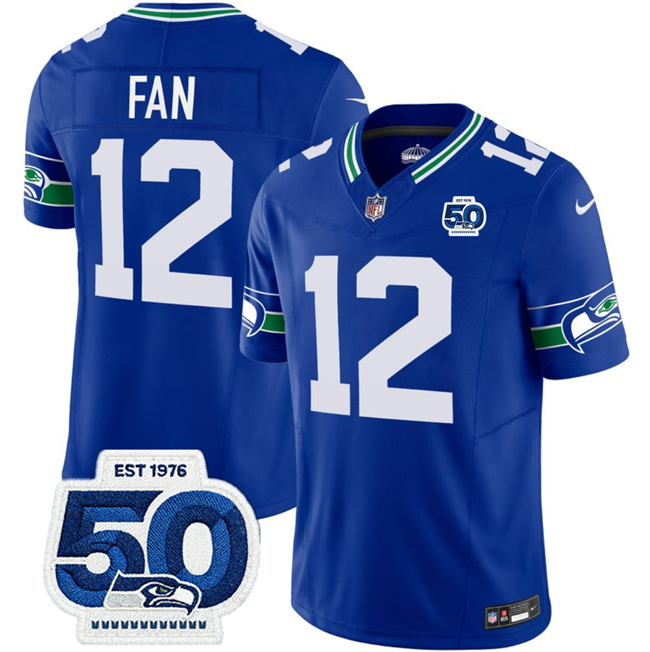 Men's Seattle Seahawks #12 Fan Royal 2025 F.U.S.E 50th Anniversary Patch Throwback Vapor Limited Stitched Football Jersey Men's Seattle Seahawks #12 Fan Royal 2025 F.U.S.E 50th Anniversary Patch Throwback Vapor Limited Stitched Football Jersey