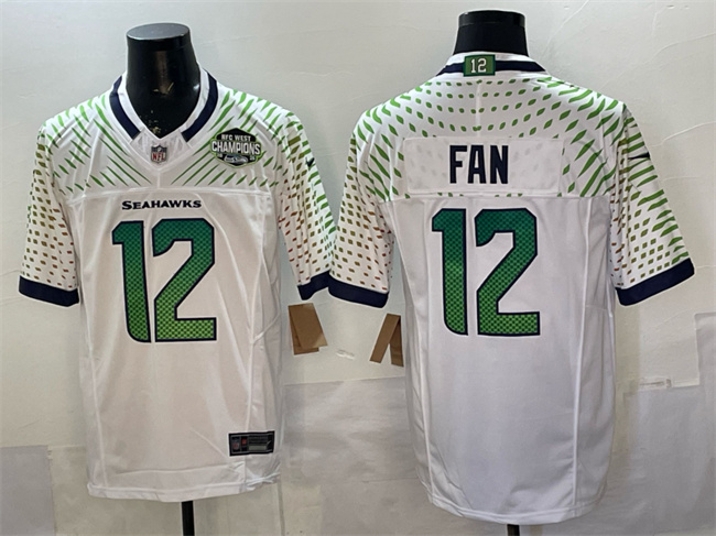 Men's Seattle Seahawks #12 Fan White 2025 F.U.S.E. “Rivalries” NFC West Division Champions Patch Vapor Untouchable Limited Stitched Football Jersey