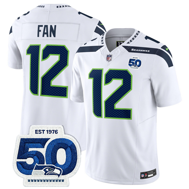 Men's Seattle Seahawks #12 Fan White 2025 F.U.S.E. 50th Anniversary Patch Vapor Untouchable Limited Stitched Football Jersey Men's Seattle Seahawks #12 Fan White 2025 F.U.S.E. 50th Anniversary Patch Vapor Untouchable Limited Stitched Football Jersey