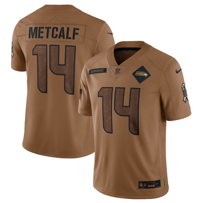 Men's Seattle Seahawks #14 DK Metcalf 2023 Brown Salute To Service Limited Stitched Football Jersey Men's Seattle Seahawks #14 DK Metcalf 2023 Brown Salute To Service Limited Stitched Football Jersey