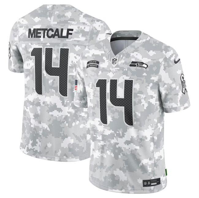 Men's Seattle Seahawks #14 DK Metcalf 2024 Arctic Camo Salute To Service Limited Stitched Football Jersey Men's Seattle Seahawks #14 DK Metcalf 2024 Arctic Camo Salute To Service Limited Stitched Football Jersey