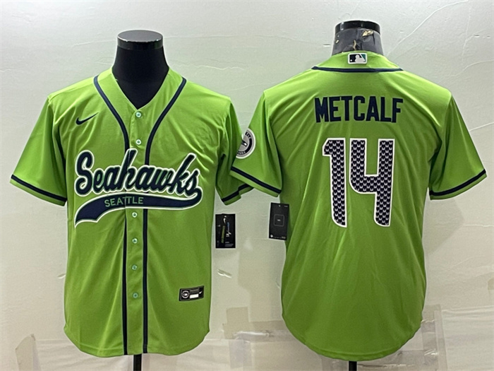 Men's Seattle Seahawks #14 DK Metcalf Green With Patch Cool Base Stitched Baseball Jersey Men's Seattle Seahawks #14 DK Metcalf Green With Patch Cool Base Stitched Baseball Jersey