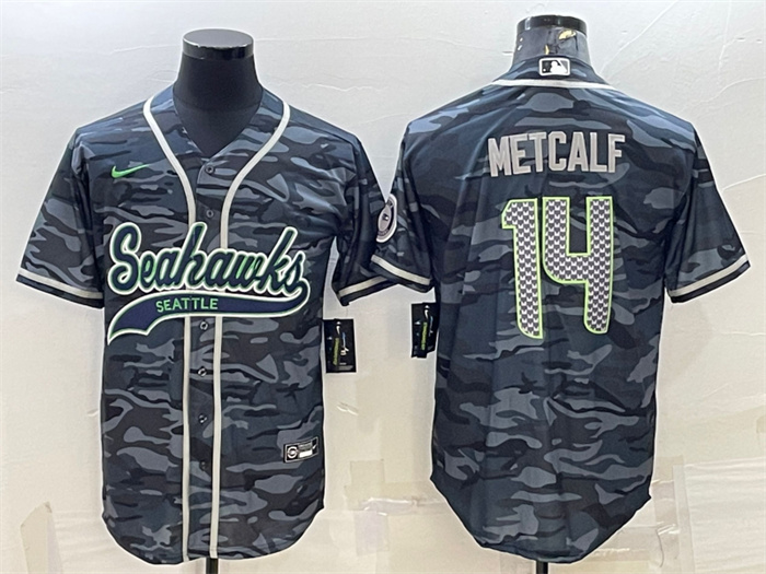Men's Seattle Seahawks #14 DK Metcalf Grey Camo With Patch Cool Base Stitched Baseball Jersey Men's Seattle Seahawks #14 DK Metcalf Grey Camo With Patch Cool Base Stitched Baseball Jersey