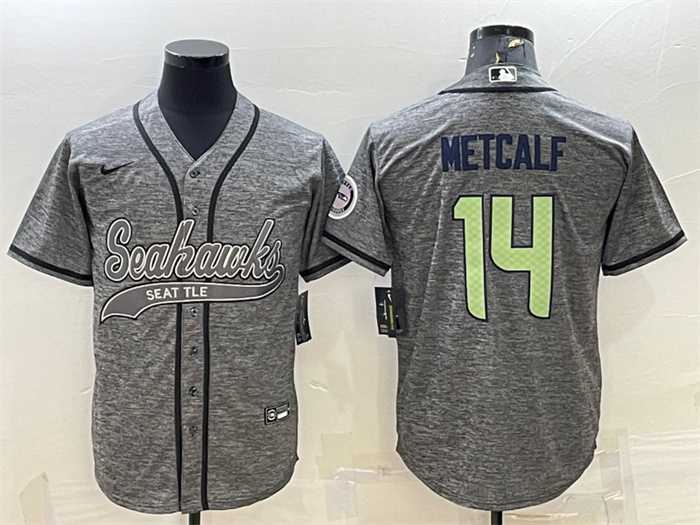 Men's Seattle Seahawks #14 DK Metcalf Grey With Patch Cool Base Stitched Baseball Jersey Men's Seattle Seahawks #14 DK Metcalf Grey With Patch Cool Base Stitched Baseball Jersey